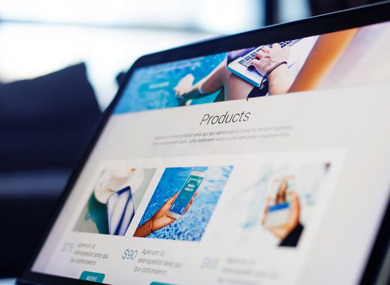 Product catalog page displayed on a laptop screen