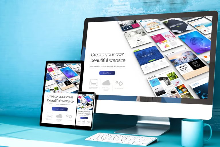 Website templates displayed on computer, tablet and phone